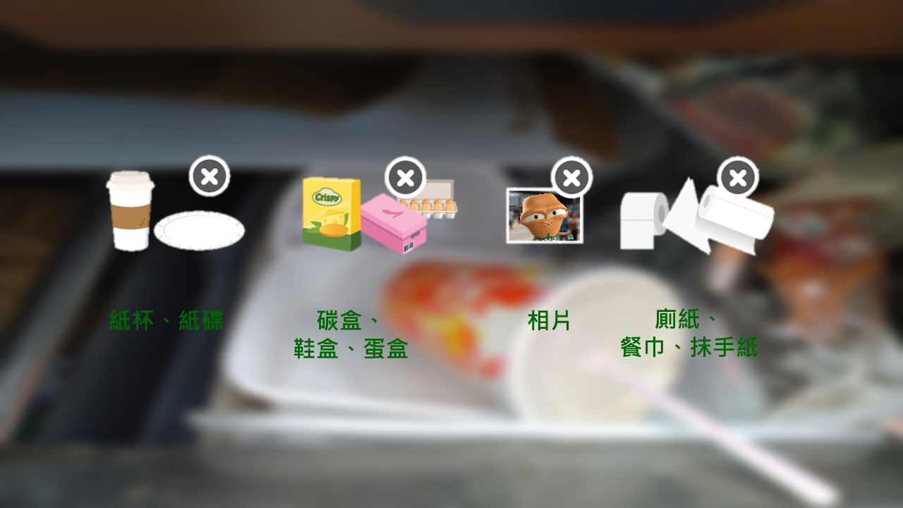 紙杯、紙碟；碳盒、鞋盒、蛋盒；相片；廁紙、餐巾、抺手紙